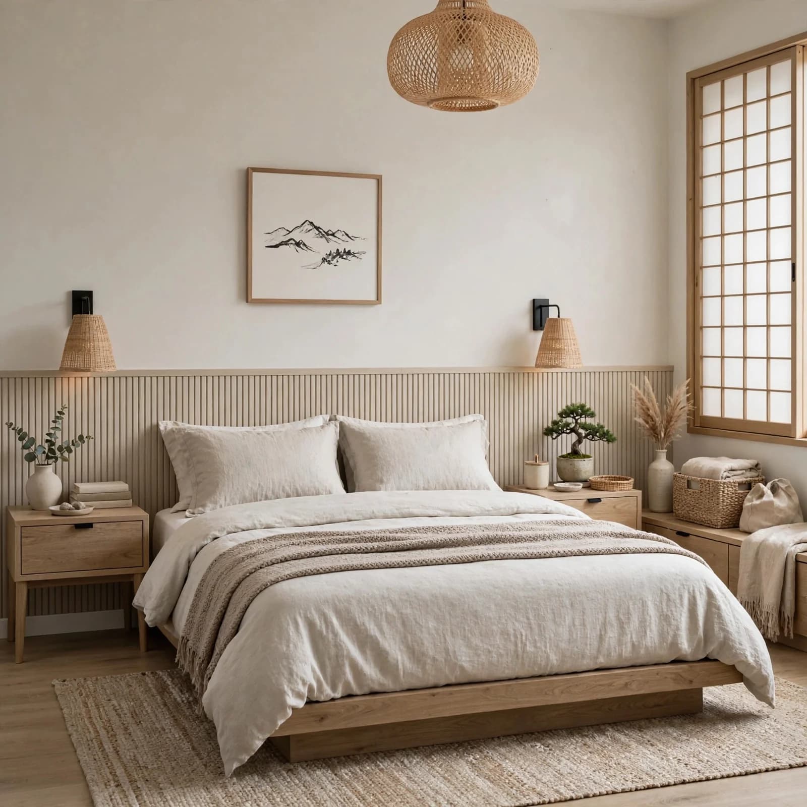 A bedroom restyled in warm Japandi style with light oak furniture, woven pendant lighting, and a natural-fiber rug