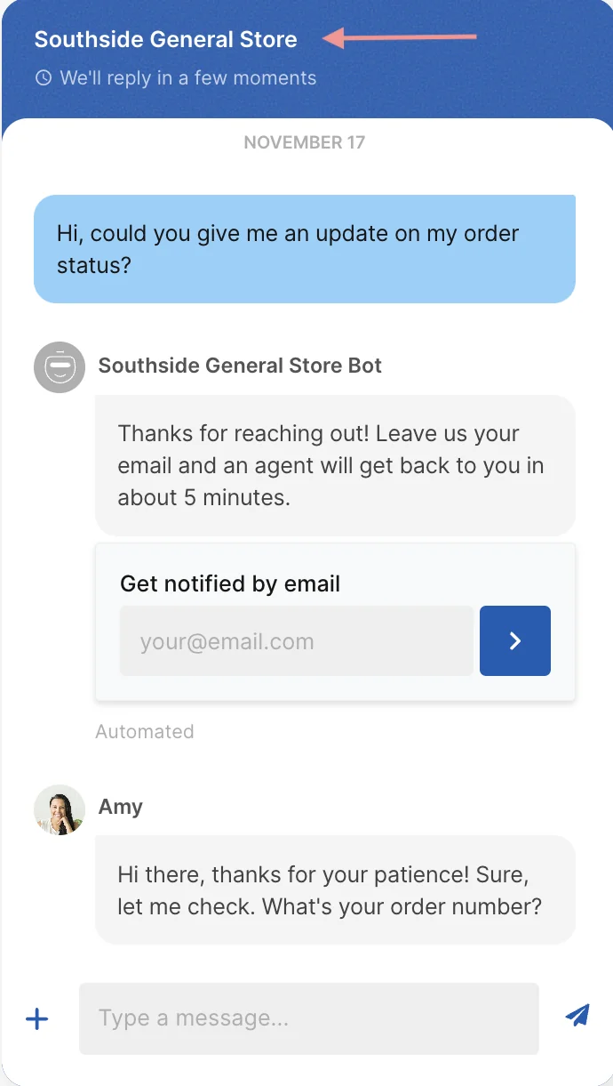 Gorgias chat widget showing an automated bot reply and a human agent handoff, as taken from Gorgias help docs