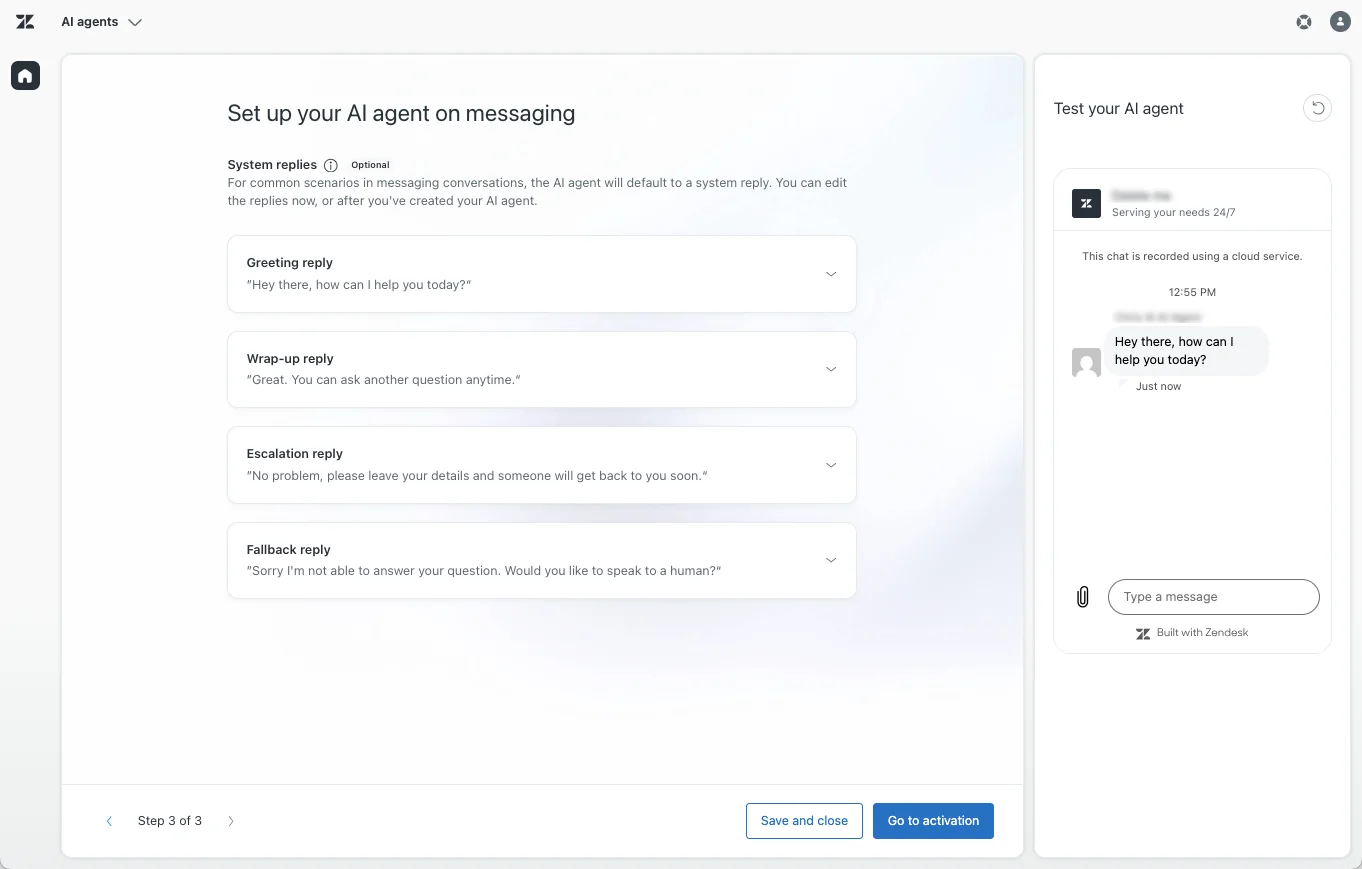 Étape des réponses système de l'agent IA Zendesk, configuration de la salutation, de la conclusion, de l'escalade et des réponses de repli, comme illustré dans le centre d'aide de Zendesk