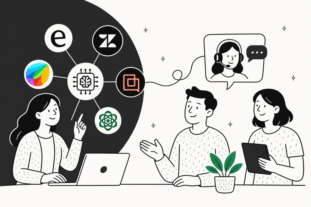 Editorial illustration of a support team in a calm workspace surrounded by chat bubbles, tickets, and the logos of leading AI customer service tools