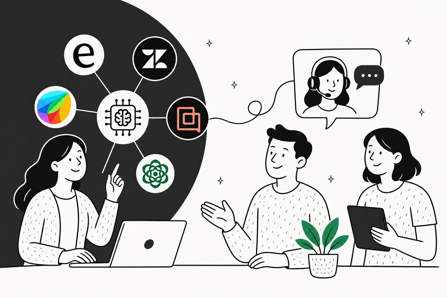 Ilustración editorial de un equipo de soporte en un espacio de trabajo tranquilo rodeado de burbujas de chat, tickets y los logotipos de las principales herramientas de IA para atención al cliente