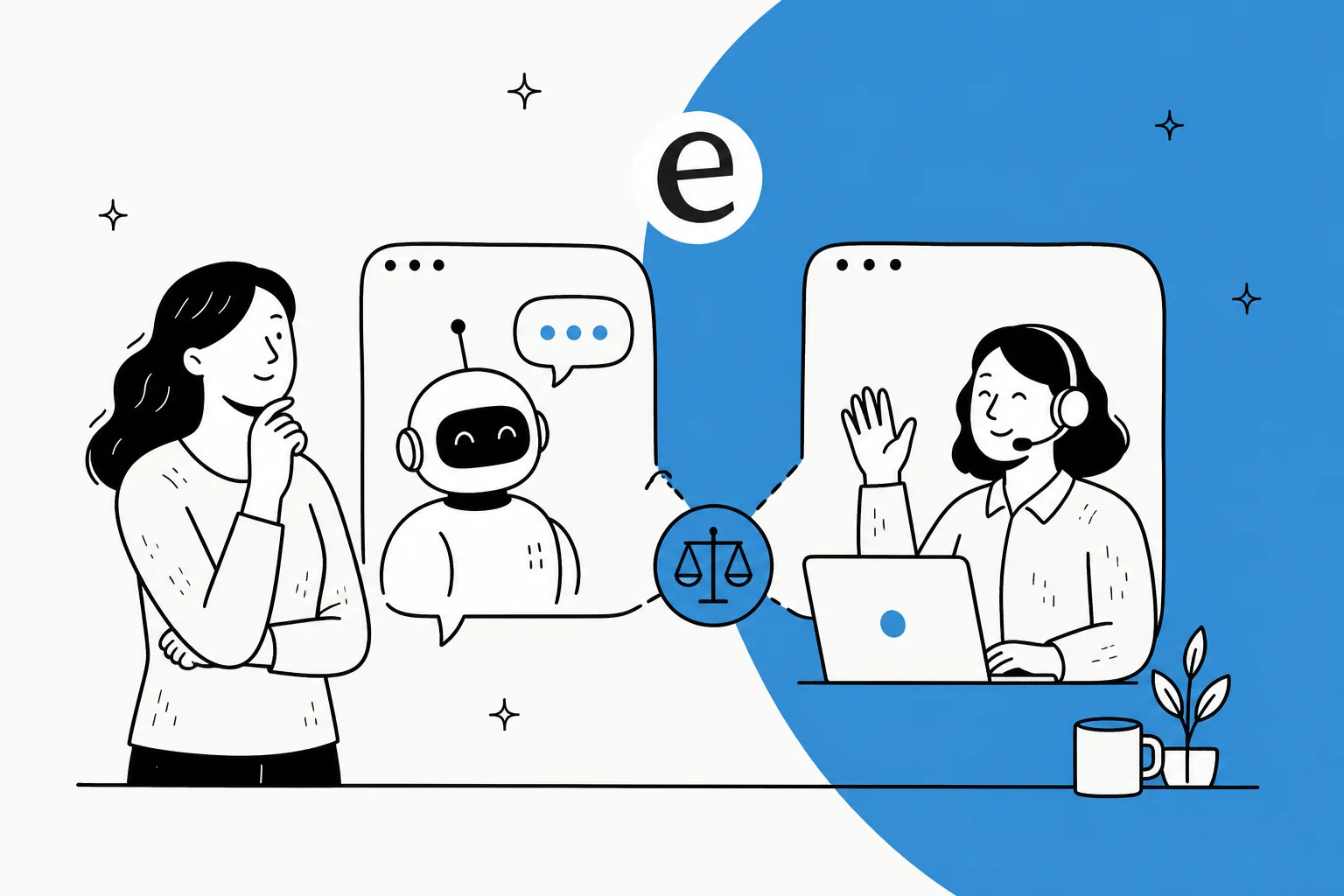 Illustration comparing an AI chatbot and a live chat agent for customer support