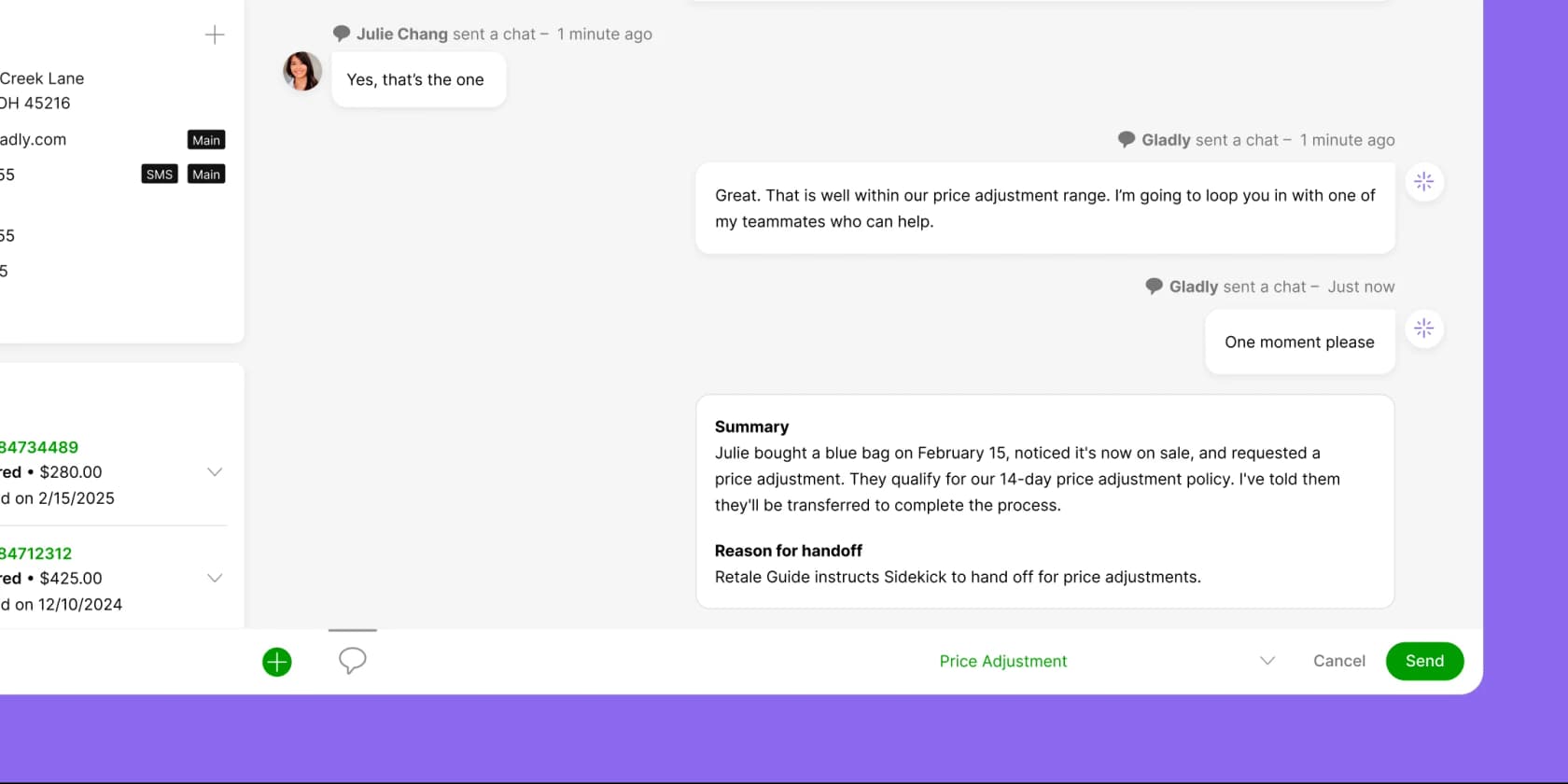 Sidekick handling a price-adjustment conversation and handing off to a human with a summary, as taken from Gladly