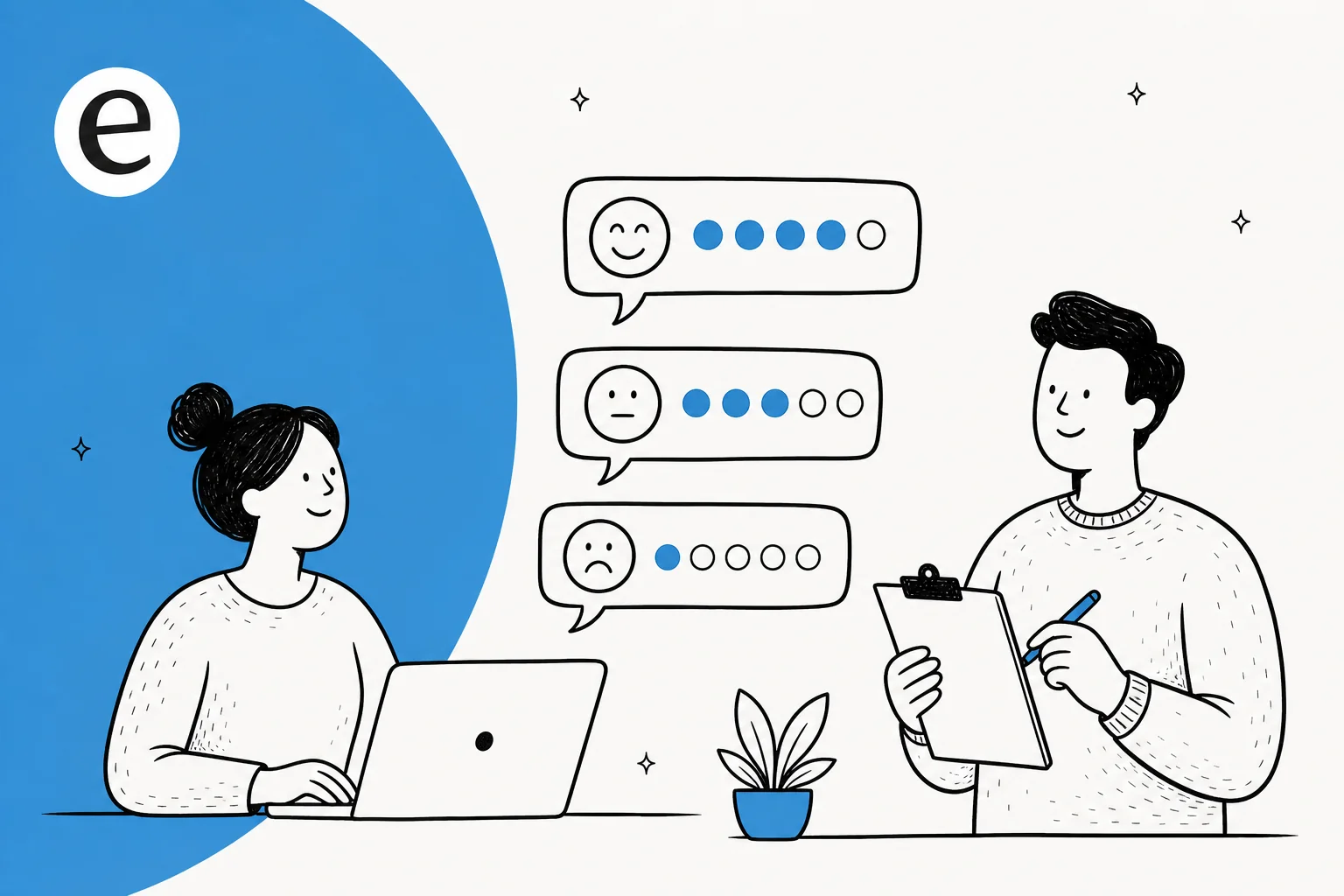 Illustrated hero banner for a guide on customer service survey examples, CSAT, NPS, and CES feedback forms