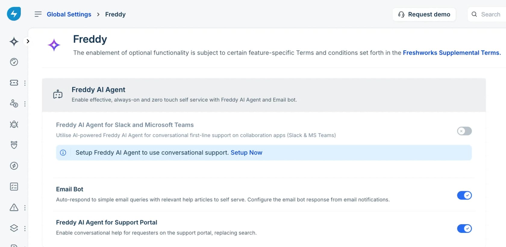 Freddy AI Agent configuration panel showing per-channel toggles for Slack and Microsoft Teams, Email Bot, and the support portal, as taken from Freshservice support docs