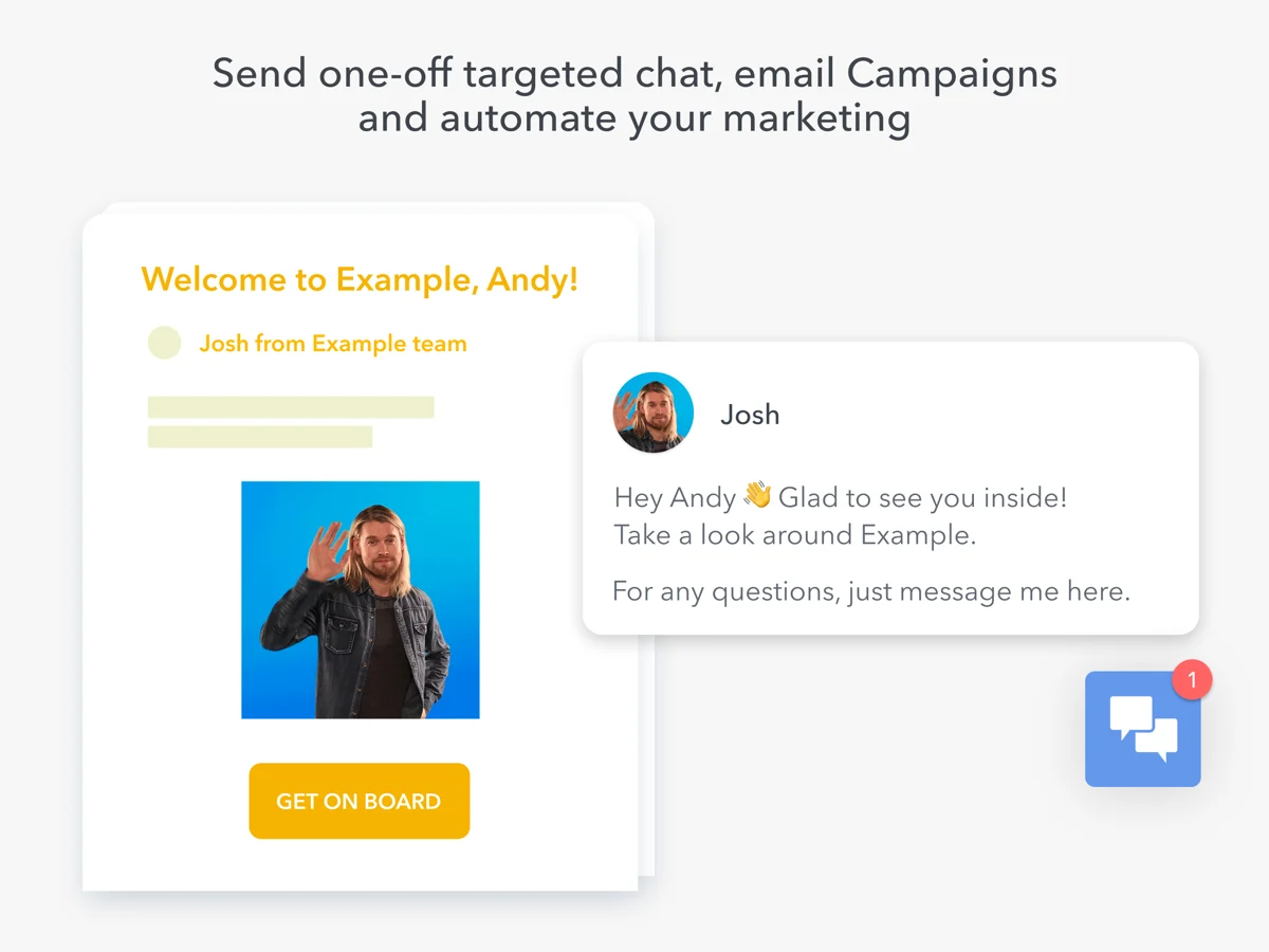 HelpCrunch E-Mail-Kampagnen-Builder mit Vorschau einer Willkommensnachricht, entnommen aus HelpCrunch