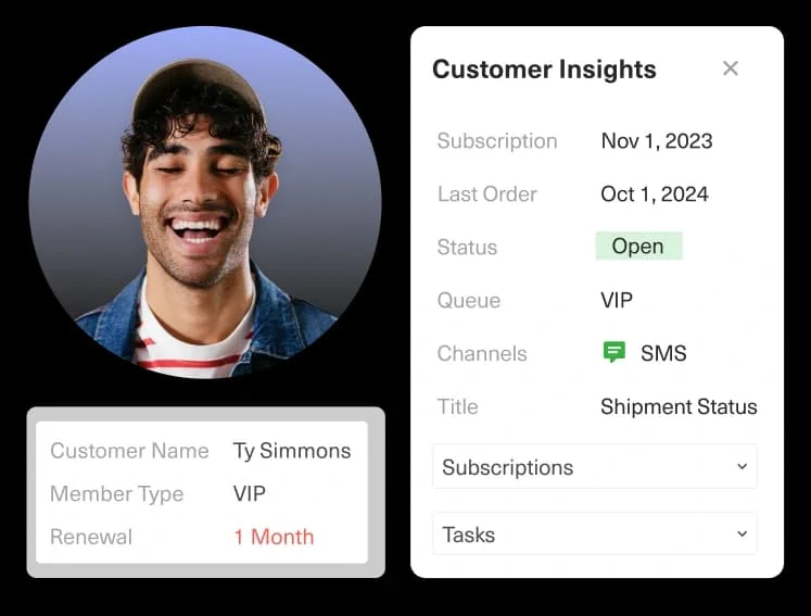 Kustomer customer insights panel showing subscription date, last order, VIP queue, channel and open shipment status, as taken from Kustomer