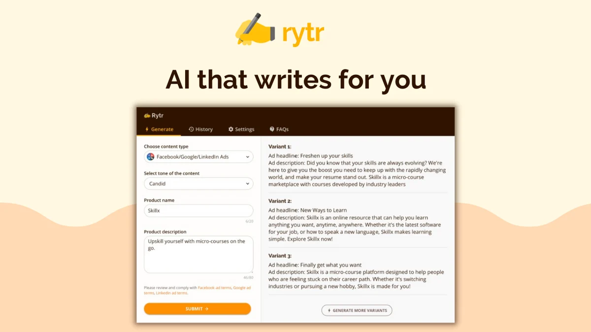 Editor de Rytr mostrando la interfaz de generación basada en plantillas con la plantilla de Anuncios de Facebook/Google/LinkedIn activa y tres variantes de salida, tal como se ve en Rytr