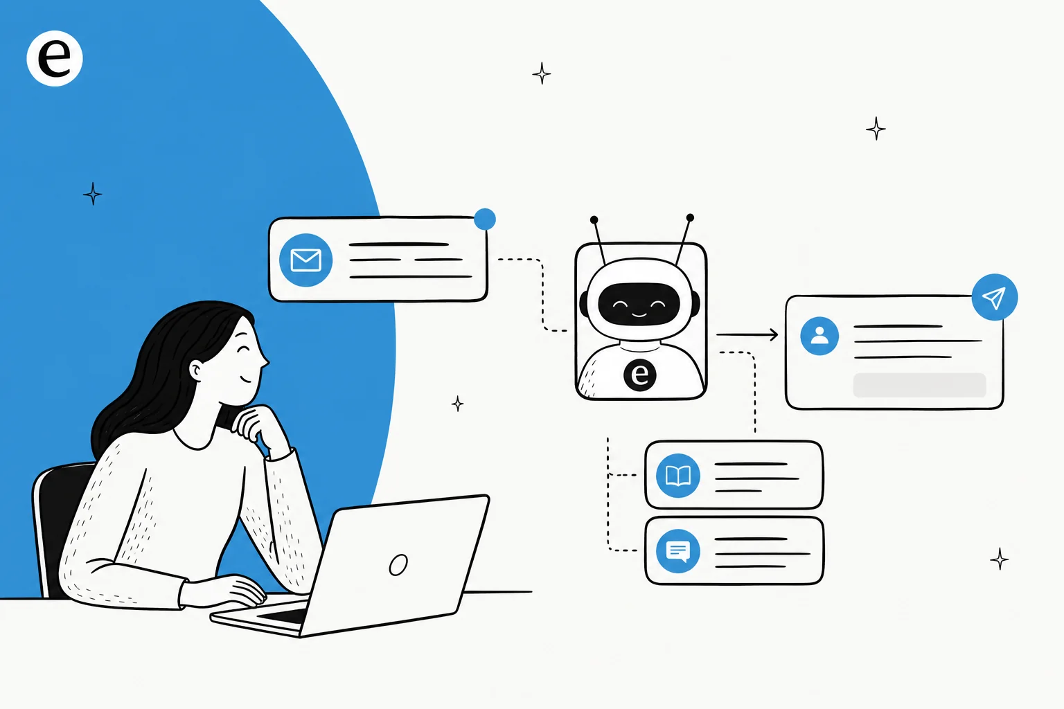 Illustration of an AI teammate reading, triaging, and answering customer support emails for a SaaS team