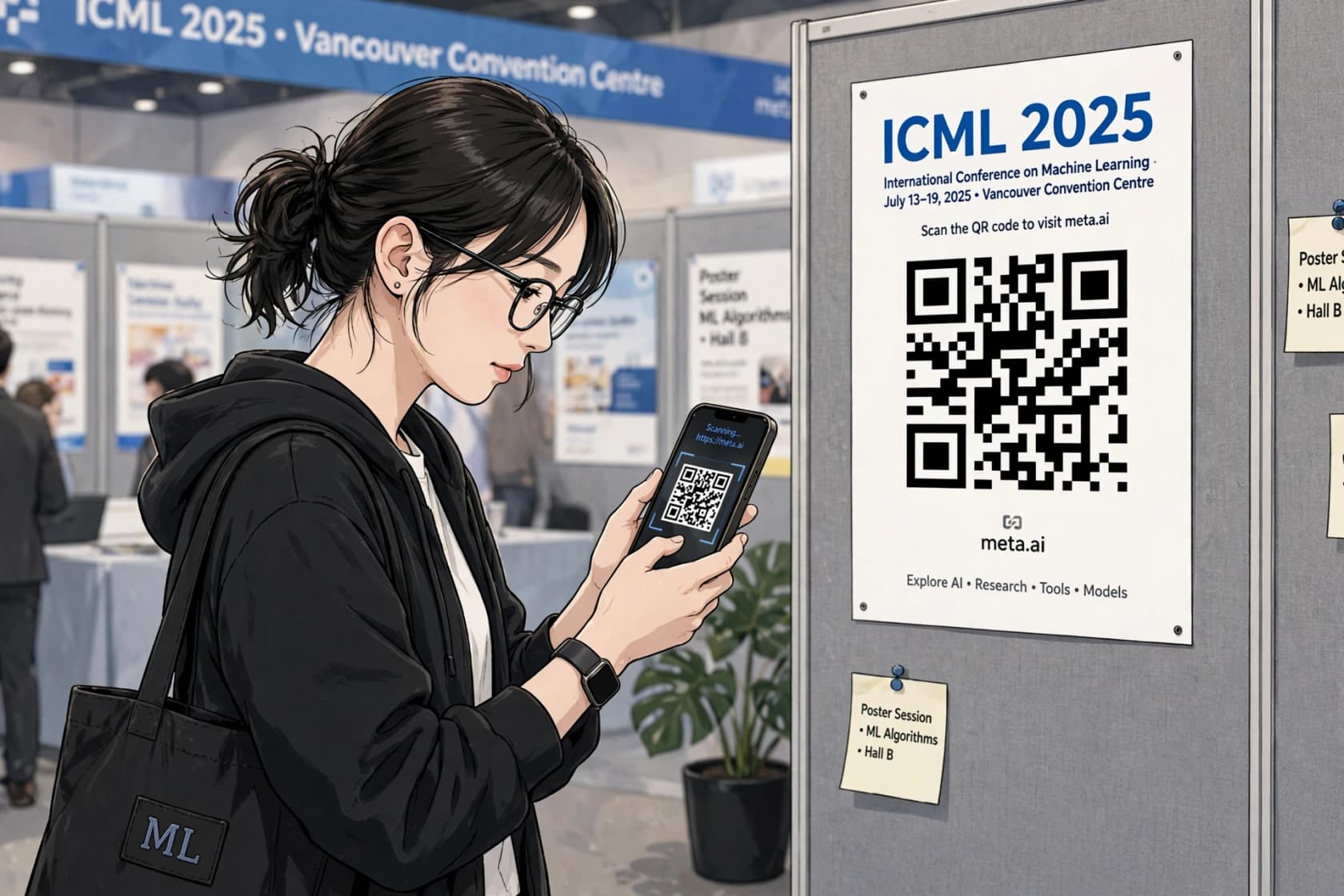Muse-Image-Demo eines scanbaren QR-Codes, eingebettet in eine illustrierte Konferenzposter-Szene, wie von Meta übernommen