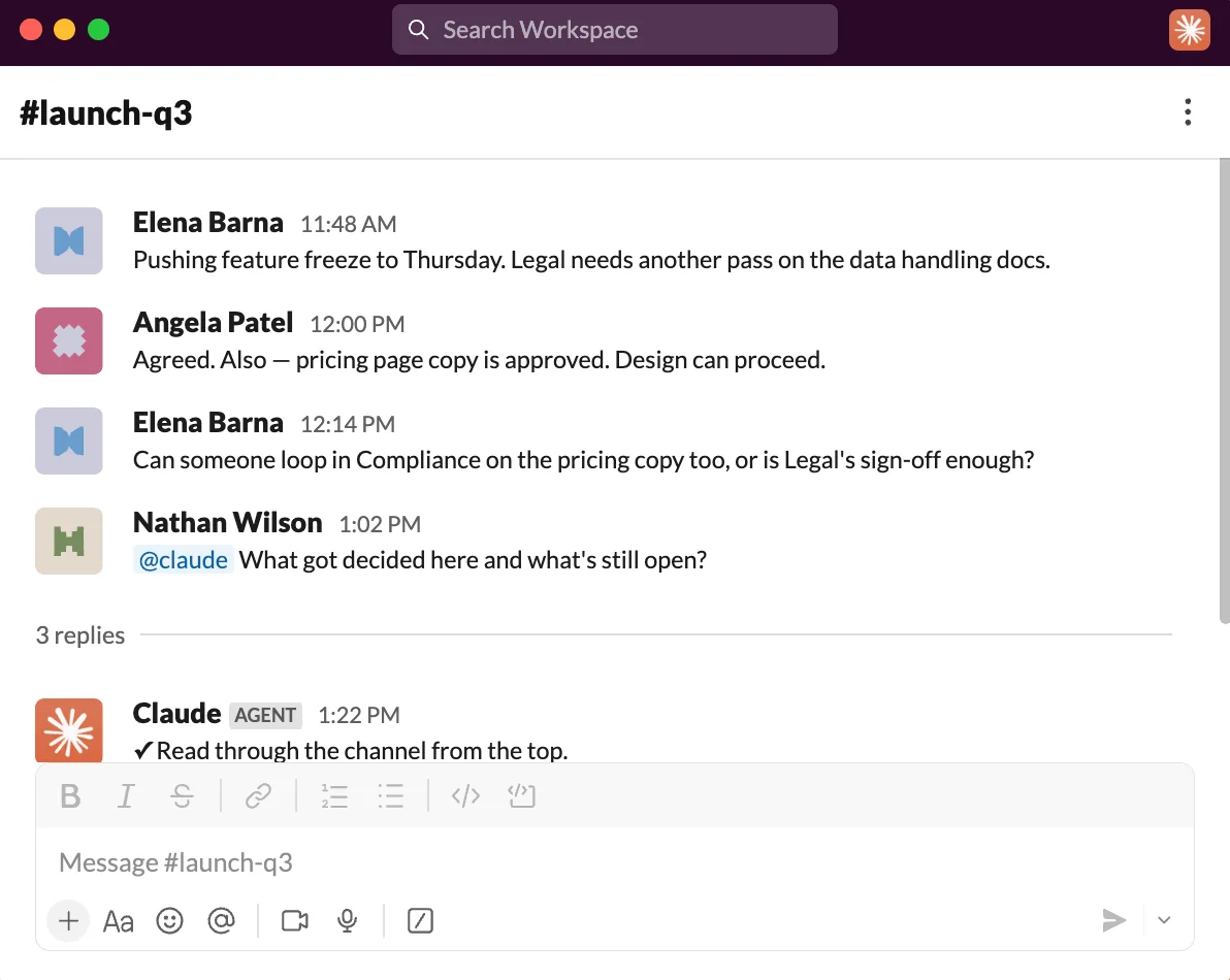A Slack channel where someone tags @claude to catch up on a thread, and Claude replies as an Agent, as taken from Anthropic