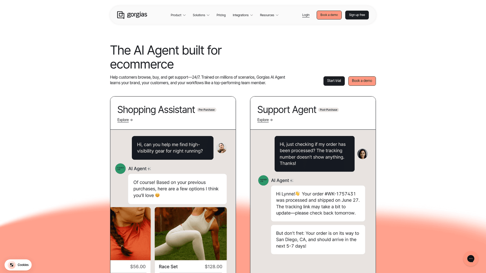 Gorgias-KI-Agenten-Seite mit einem Shopping-Assistenten vor dem Kauf und einem Support-Agenten nach dem Kauf, der eine Frage zum Bestellstatus beantwortet, von Gorgias