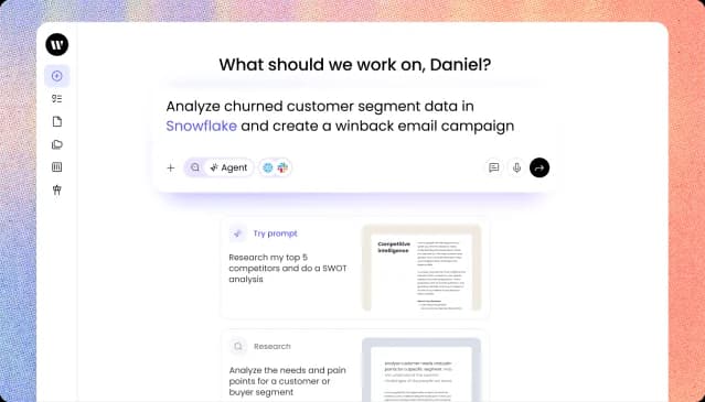 Writer Agentのホーム画面。あらかじめ入力されたプロンプトと推奨アクションのカードが表示されている様子
