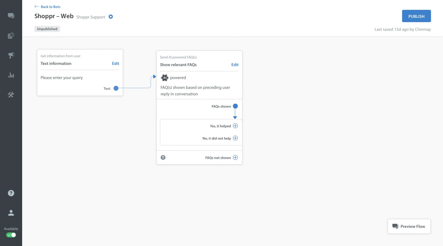 Helpshift custom bot flow with an AI-powered FAQ step and yes/no branches, as taken from Helpshift