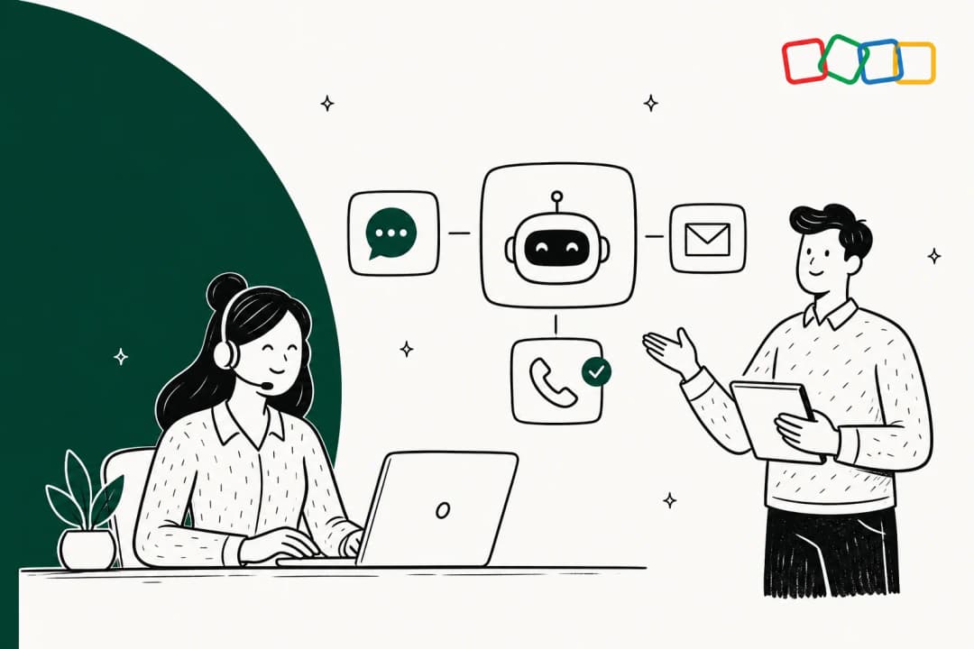 Illustrated hero banner for a guide on setting up AI in Zoho Desk