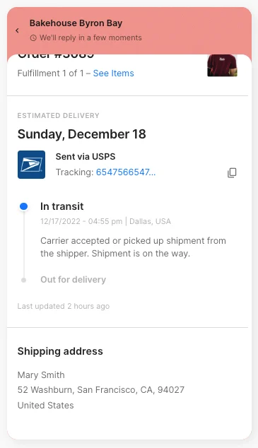 A Gorgias order-tracking timeline showing a USPS shipment in transit with estimated delivery and shipping address, as taken from Gorgias docs