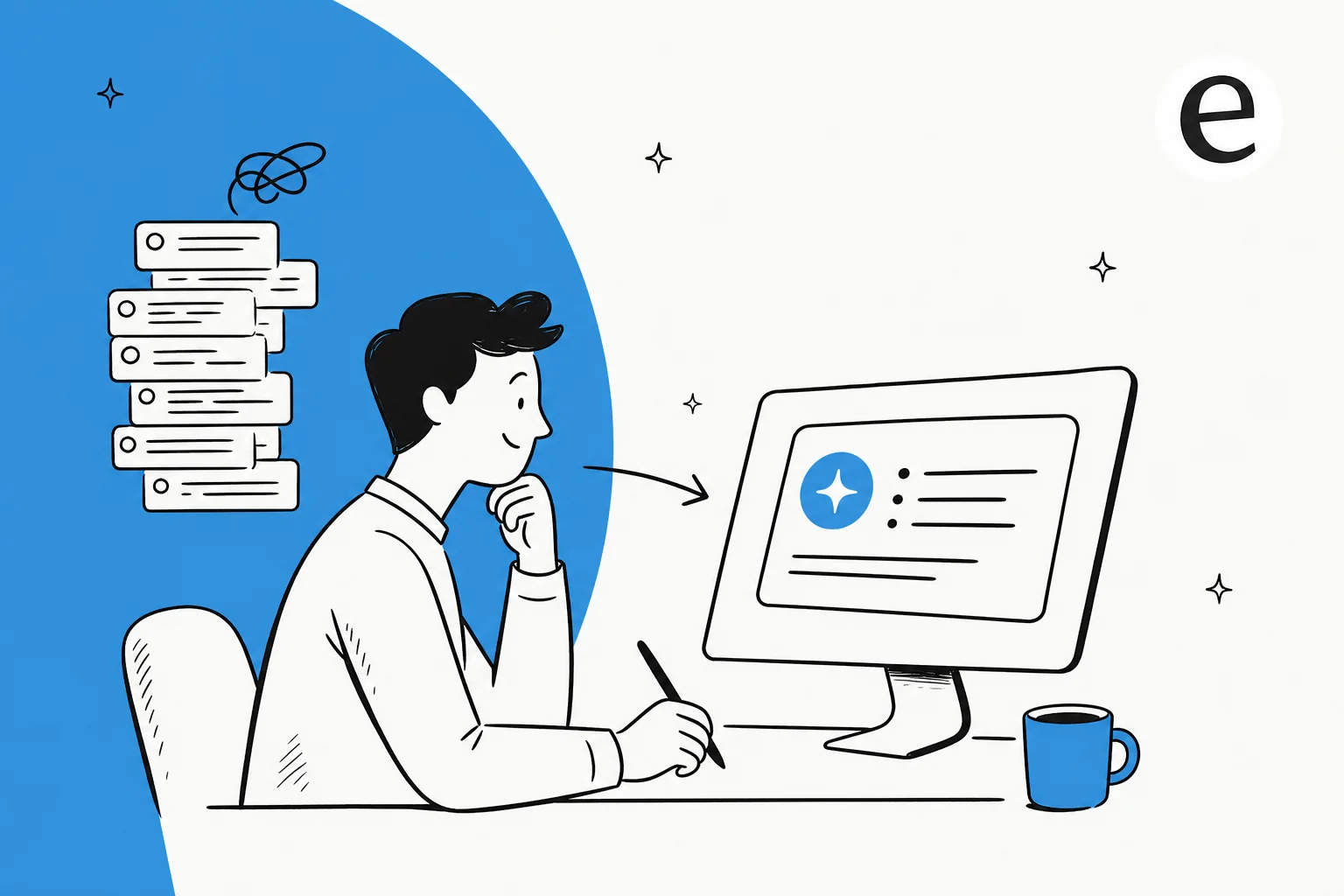 Editorial illustration of an AI condensing a long support ticket thread into a tidy summary card