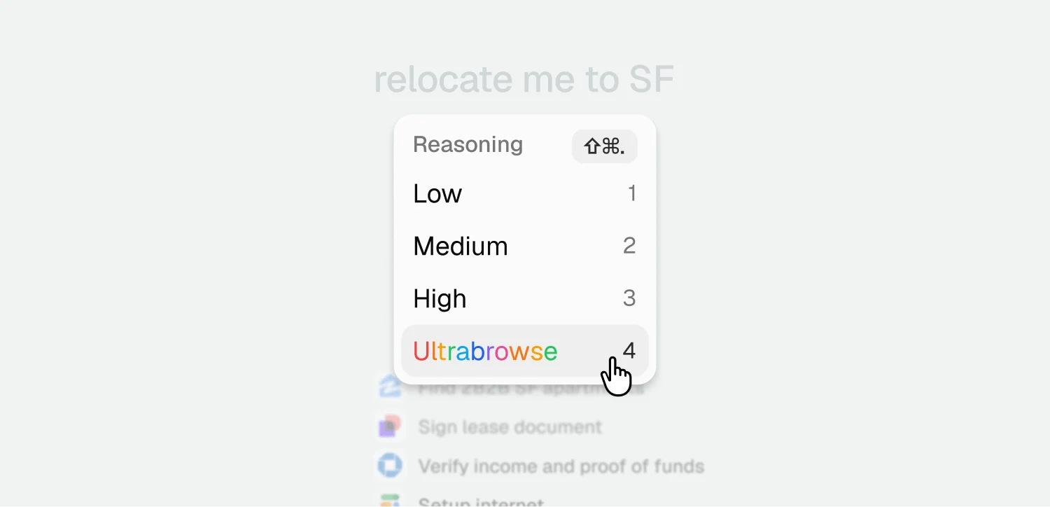 Aside's reasoning menu showing Low, Medium, High, and Ultrabrowse tiers, as taken from Aside