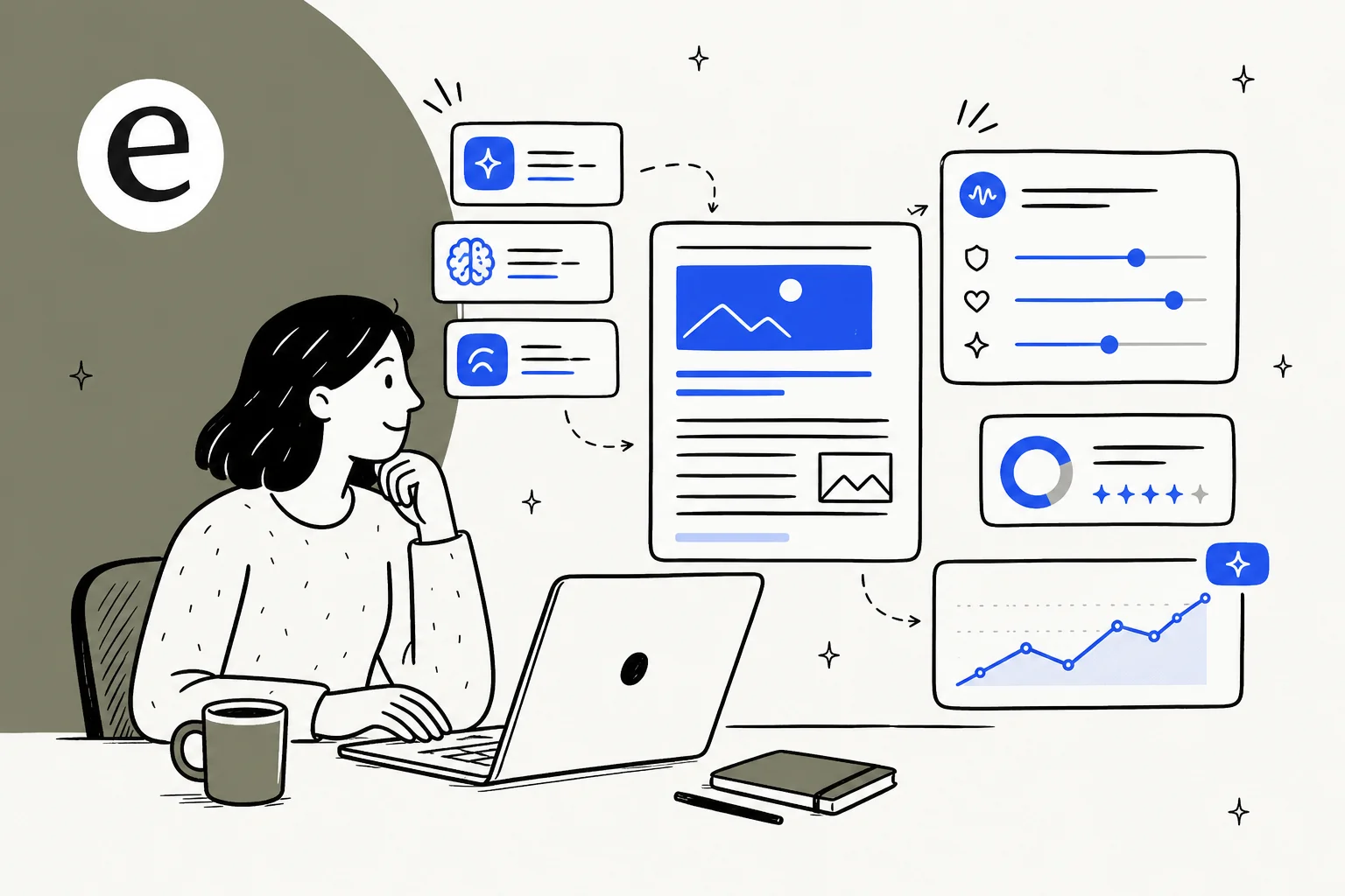 El escritorio de un especialista en marketing de contenidos con tarjetas de interfaz flotantes para borradores de blogs, voz de marca, puntuaciones SEO y gráficos de rendimiento de titulares, ilustrado en azul eesel.