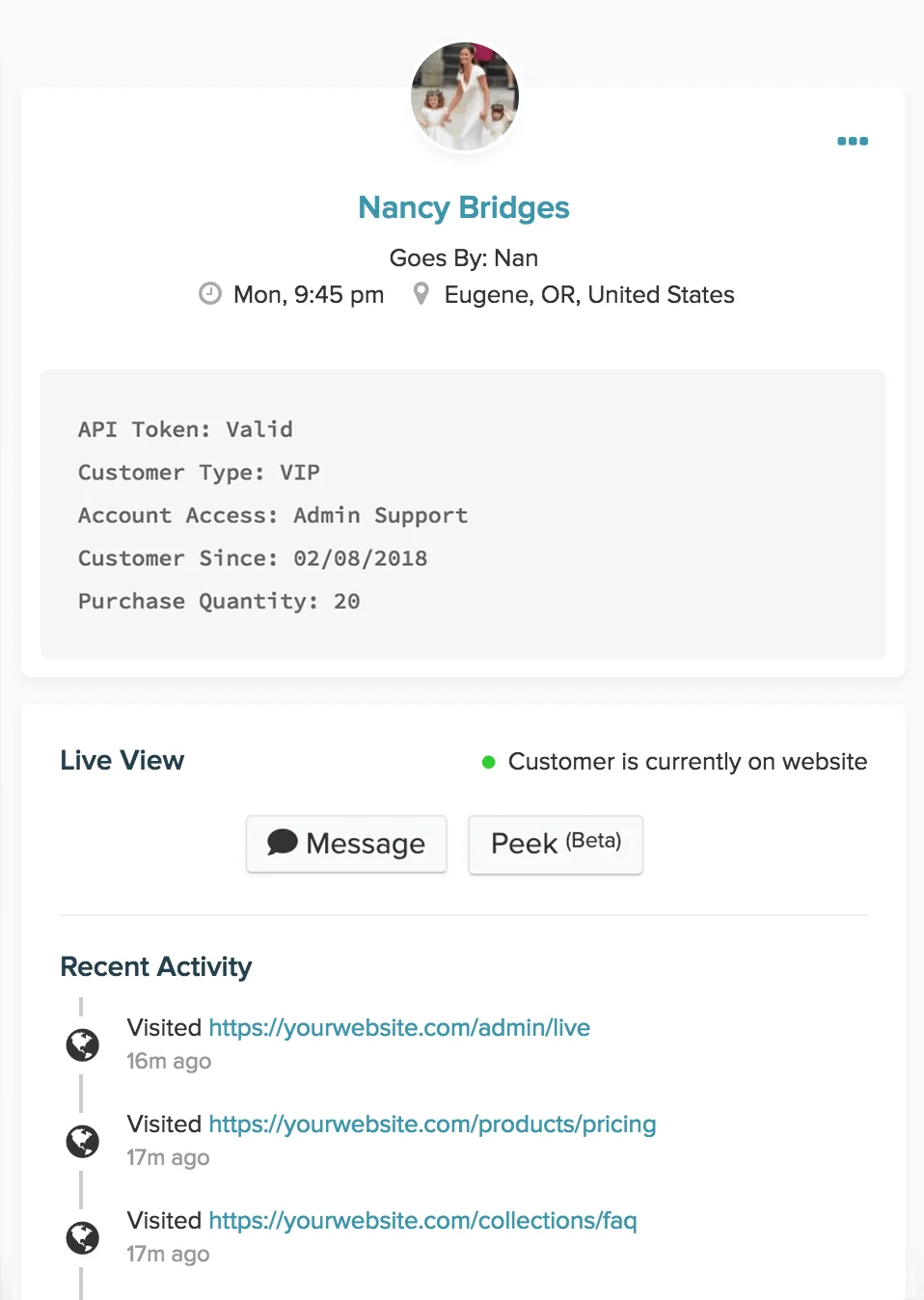 Re:amaze Live View dashboard showing a customer's live browsing activity