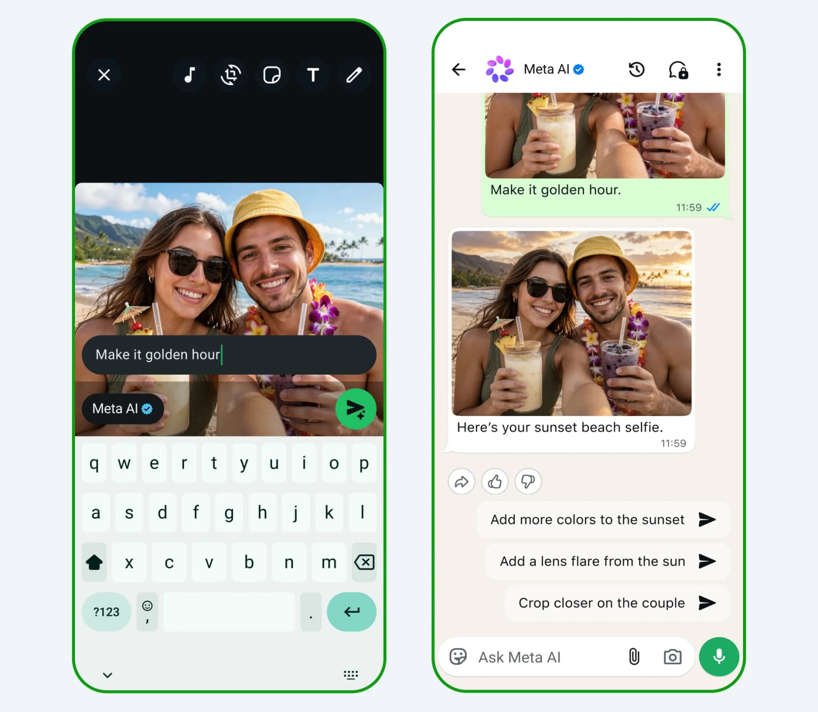 Editing a photo with Meta AI on WhatsApp, asking it to change the lighting to golden hour and getting a revised beach selfie back in the chat