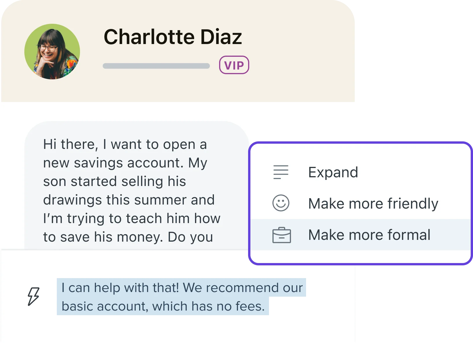 Zendesk AI tone controls offering Expand, Make more friendly, and Make more formal on a draft reply, as taken from Zendesk