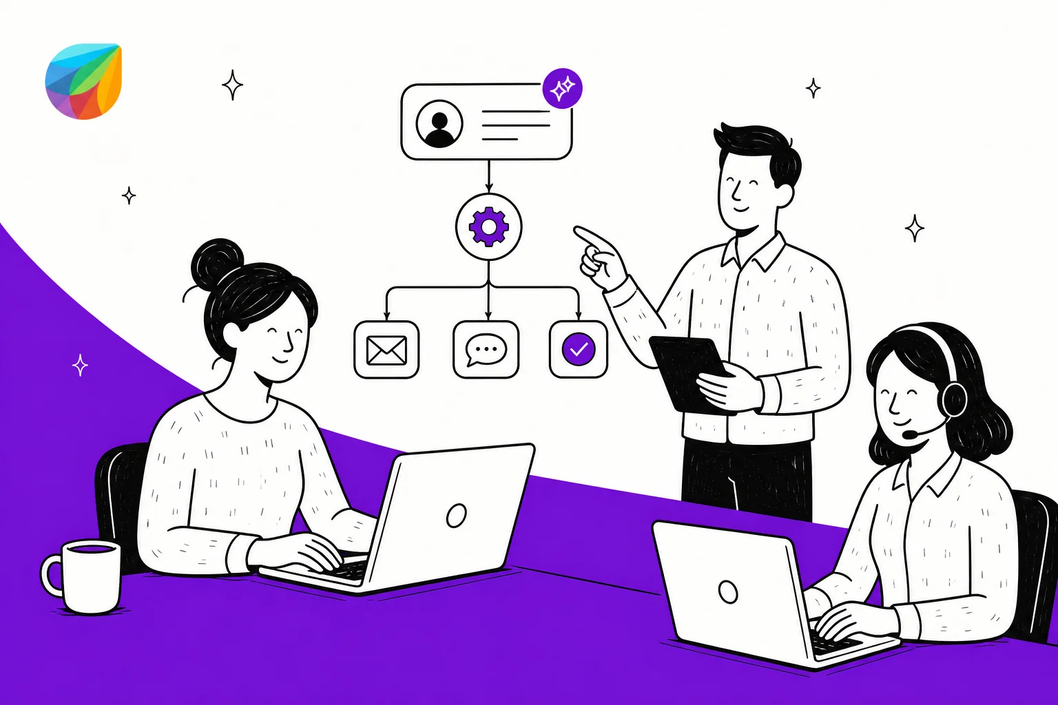 自動化されたチケットルーティングワークフローを備えたFreshdeskサポートチームのイラスト