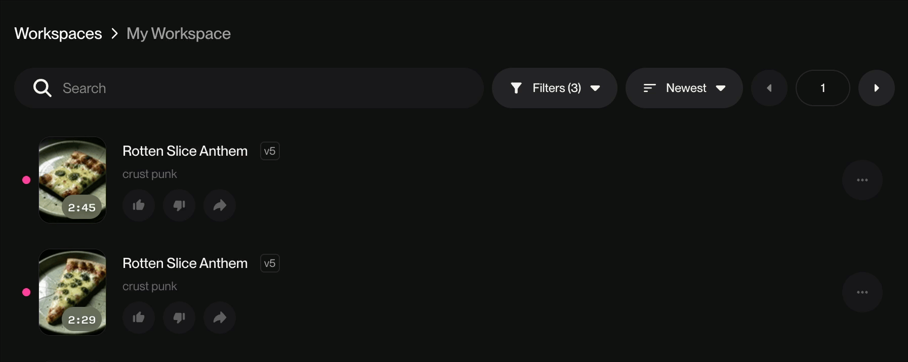 Espaço de trabalho do Suno mostrando a biblioteca de músicas com tags de versão v5
