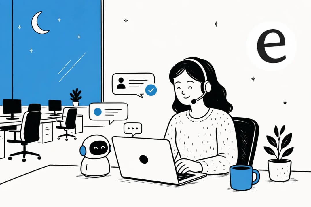 Night-time office scene with an AI support agent answering tickets while the desks are empty