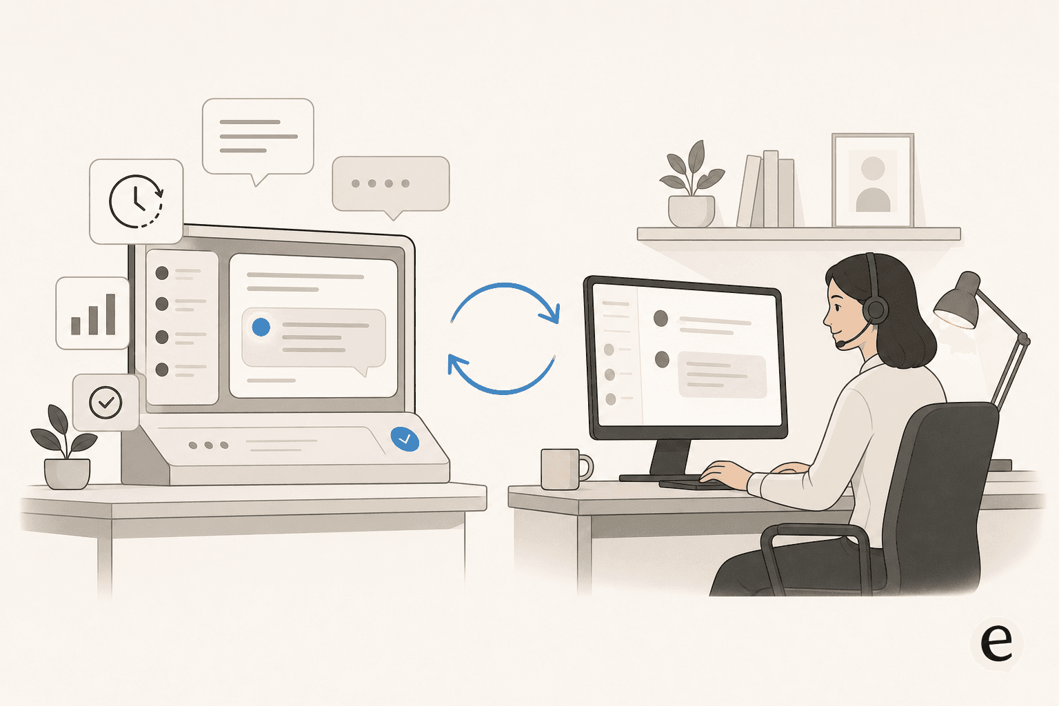Ilustración editorial que compara una consola de helpdesk de IA y el escritorio de un agente de soporte humano, conectados por una flecha de traspaso en azul eesel