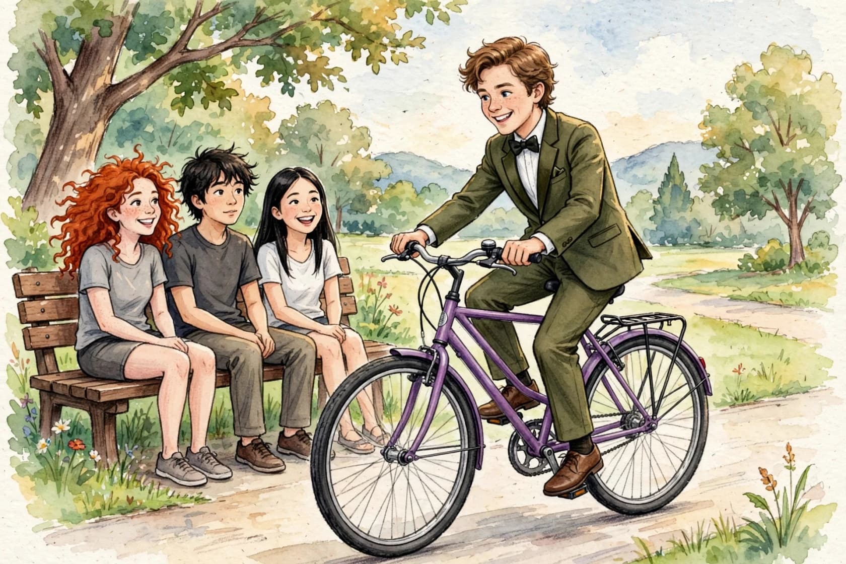 Multi-reference composition example generated by Meta Muse Image, combining a person, a bike, clothing, and a park bench scene into one image