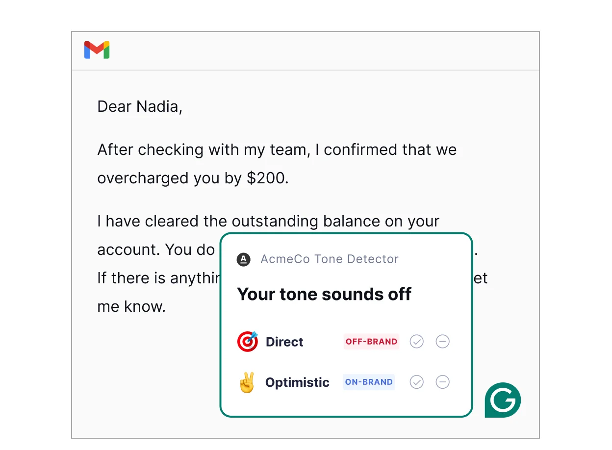 Grammarys Tondetektor in Gmail markiert eine Kunden-E-Mail als markenfern und schlägt eine markenkonforme, optimistische Umformulierung vor, aufgenommen von Grammarly