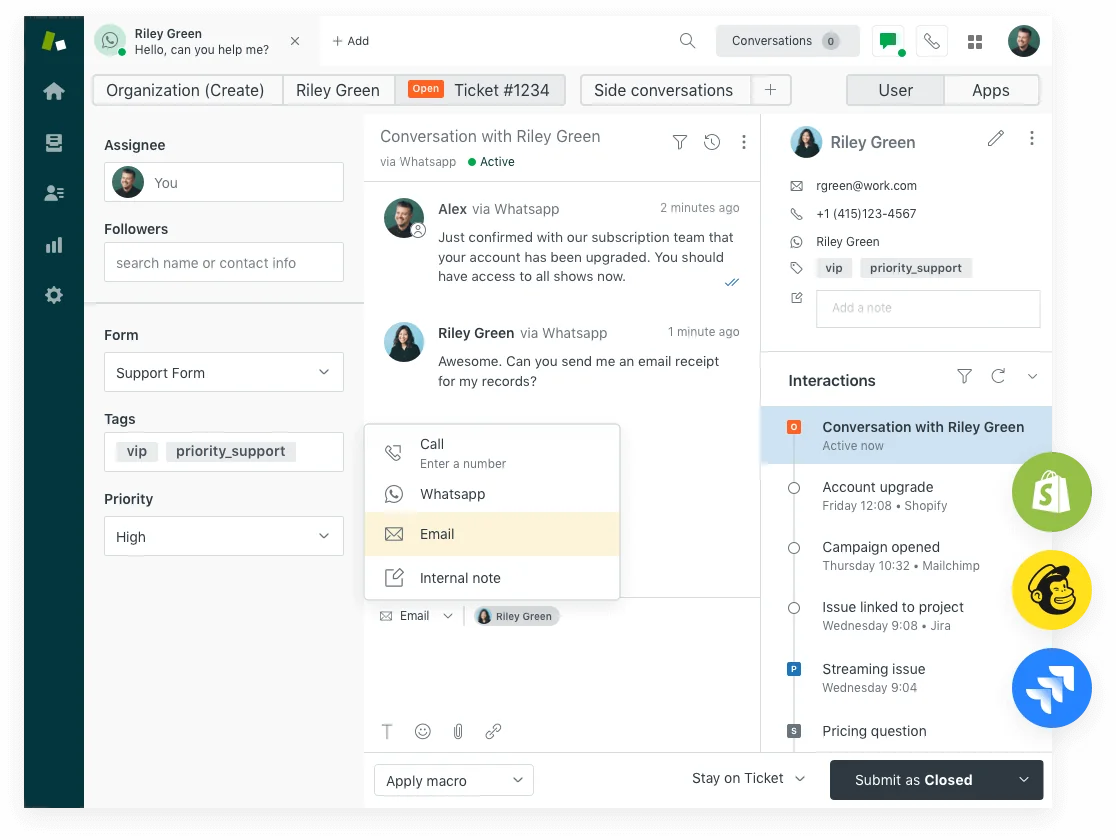 Screenshot of the Zendesk Agent Workspace showing AI-assisted ticket view and omnichannel sidebar, as taken from Zendesk