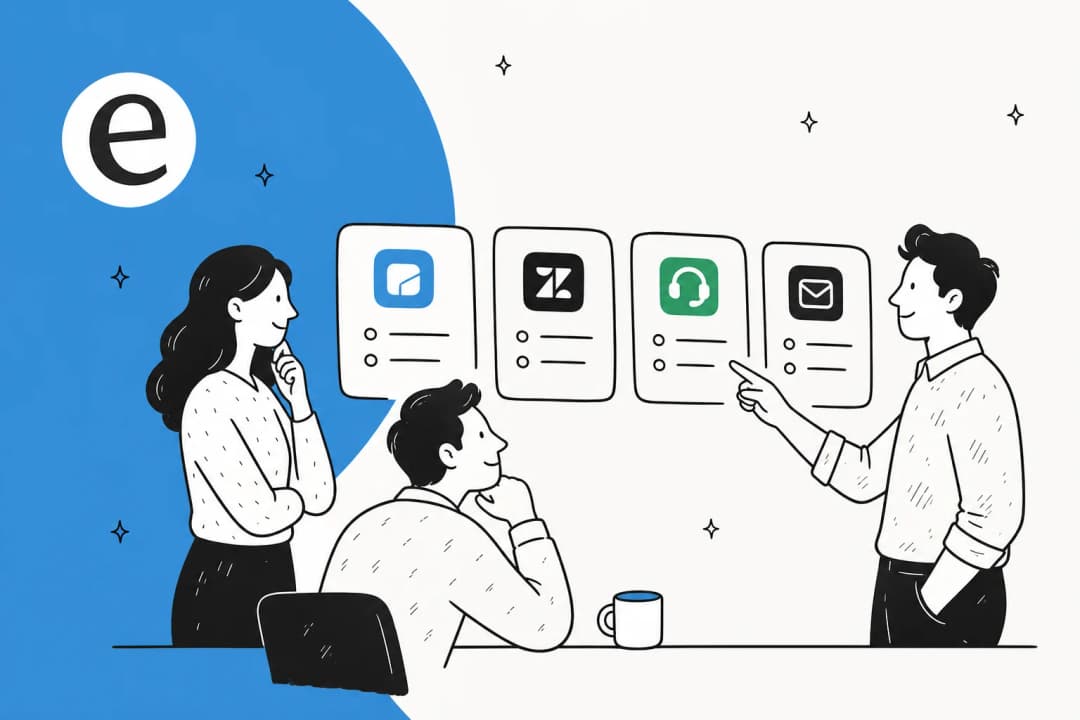 Illustration of a support team choosing between several help desk tool cards, with the eesel logo