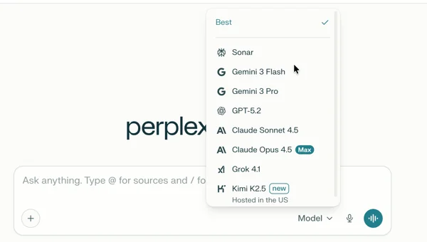 Modellauswahl in Perplexity Pro – GPT, Gemini, Claude und Sonar in einer Oberfläche verfügbar, über G2