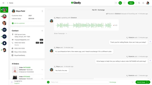 Gladly Sidekick AI handling a voice exchange request for Maya Patel ($500 lifetime value shown), with AI waveform, customer profile, and full order history in one view, as taken from Gladly