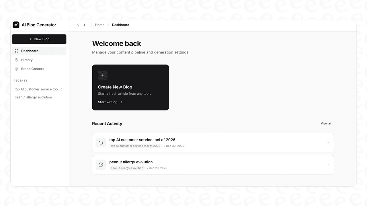 Das Dashboard des eesel AI Blog Writers, ein KI-gestütztes Tool zur Erstellung von Inhalten für SEO- und AEO-Entwürfe.