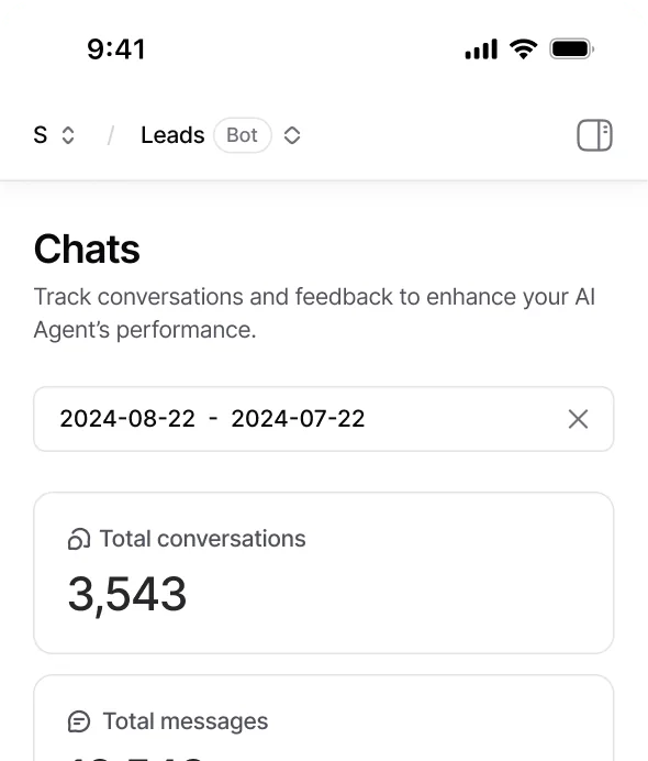 Chatbase's analytics view showing total conversations for an agent, as taken from Chatbase
