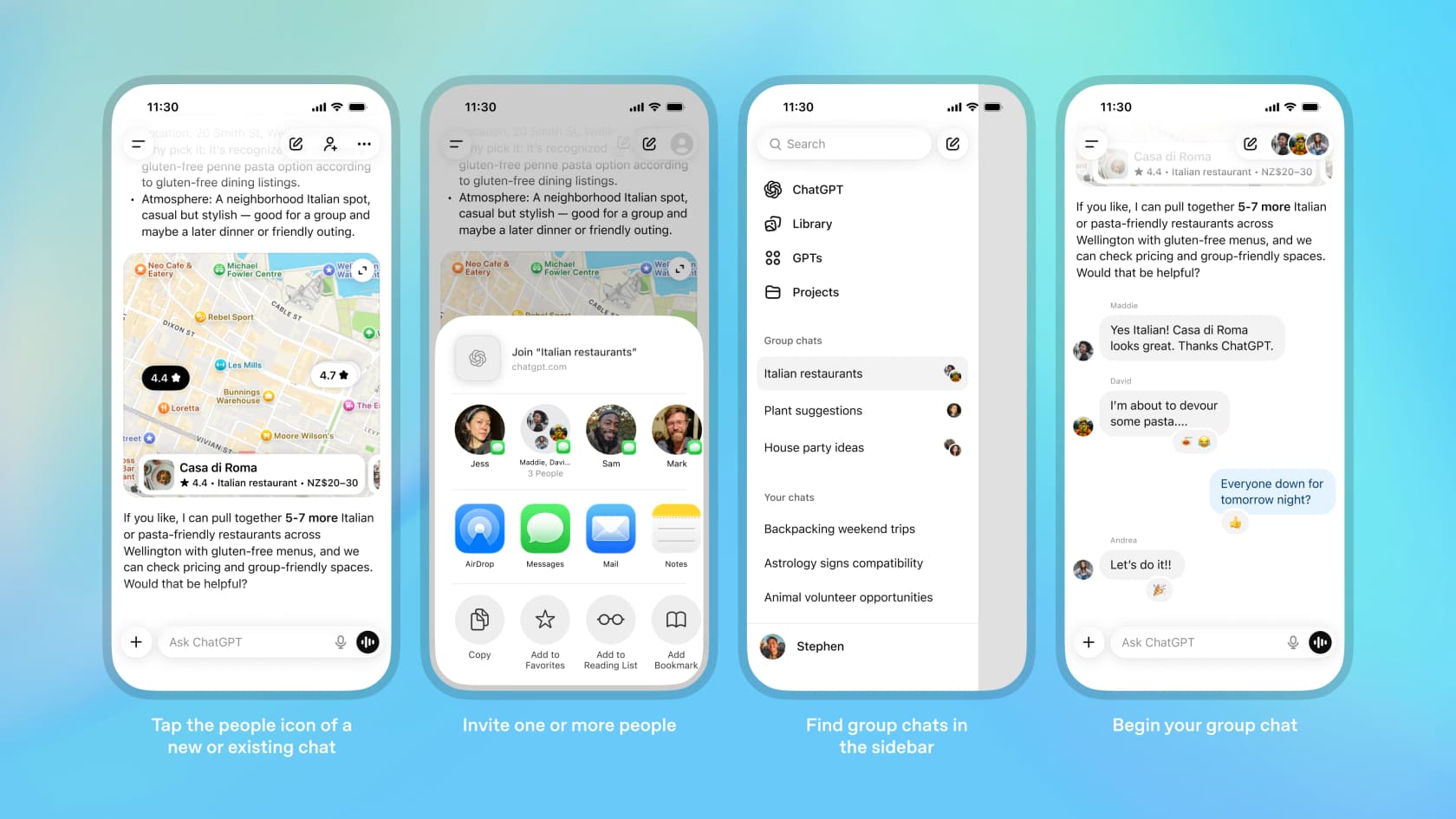 Vier mobile Screenshots, die zeigen, wie man einen ChatGPT-Gruppenchat startet: auf das Personen-Symbol tippen, Personen einladen, Chats in der Seitenleiste finden und mit dem Chatten beginnen, aus OpenAIs Ankündigungsbeitrag.