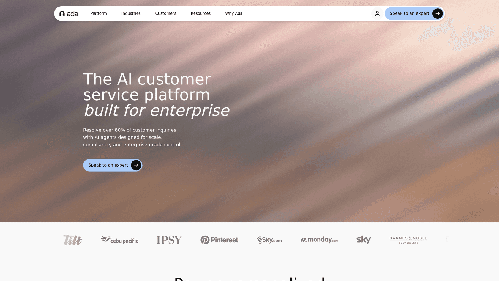 Ada ACX platform page for enterprise AI customer service