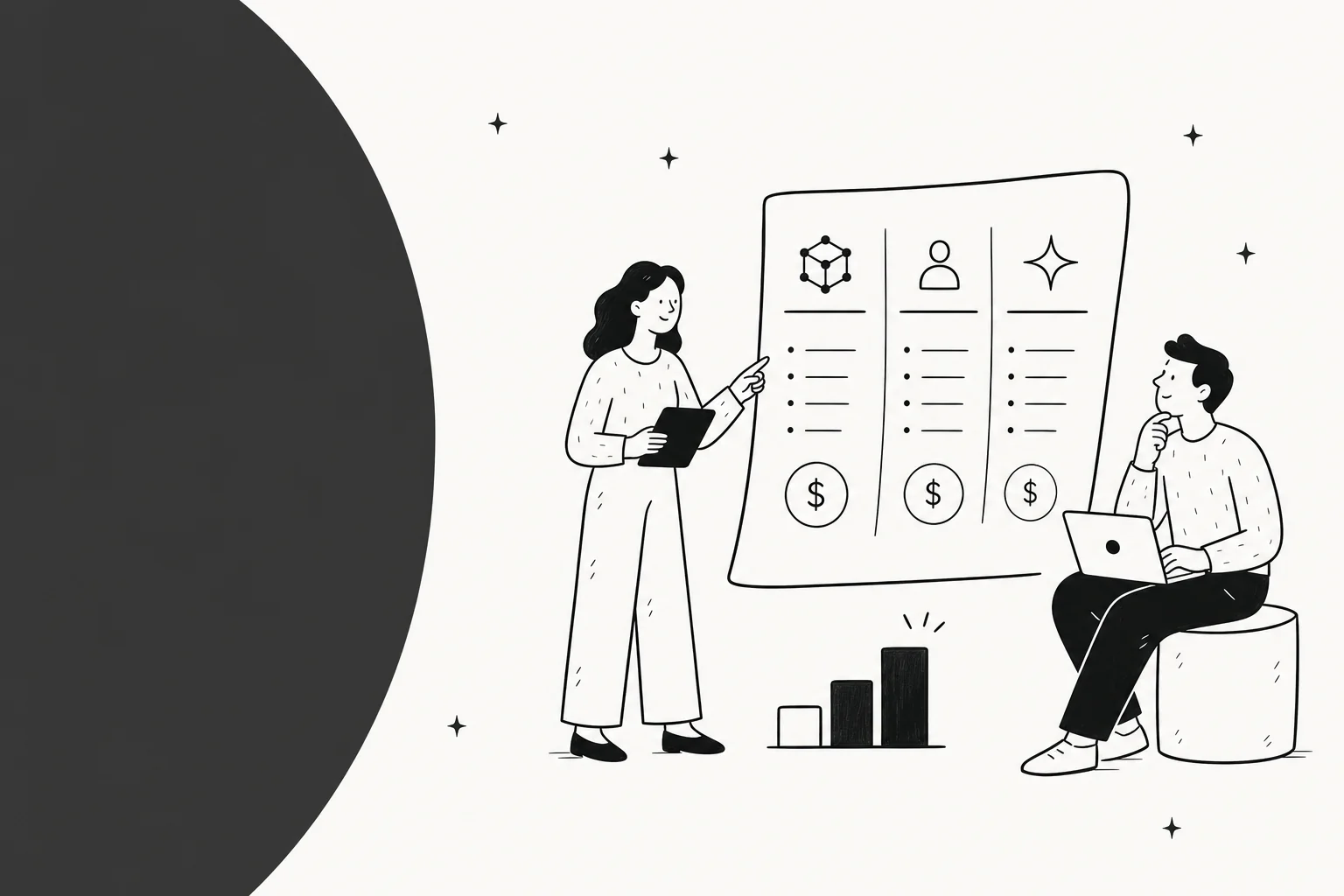 Hand-drawn illustration of two people reviewing a pricing breakdown chart with dollar signs