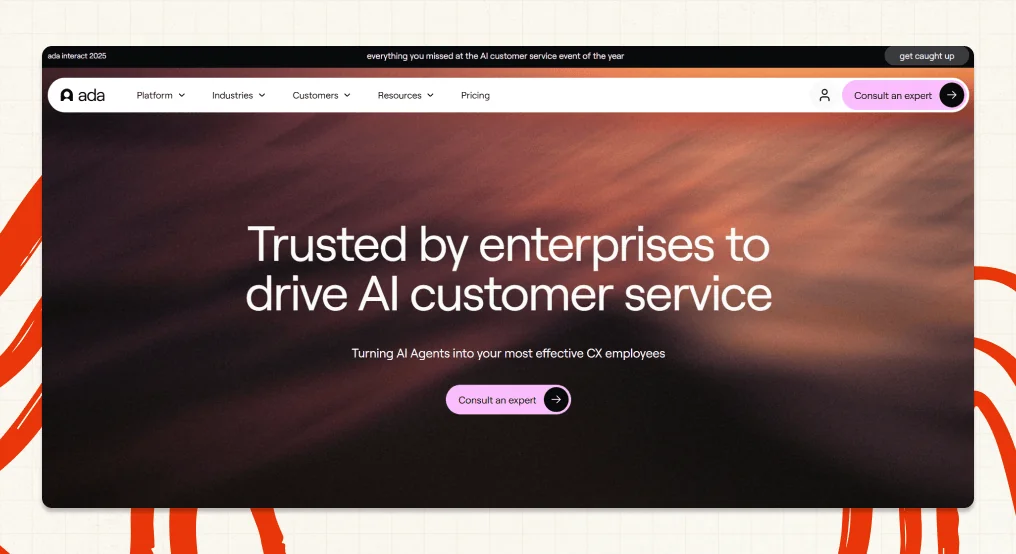 Ada positions itself as enterprise AI customer service, as taken from Ada