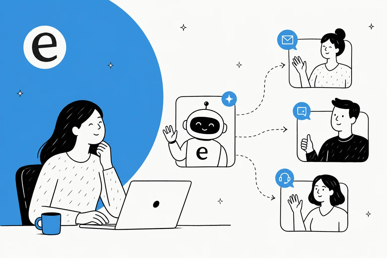 Illustration of AI automating support tickets and conversations across a unified inbox