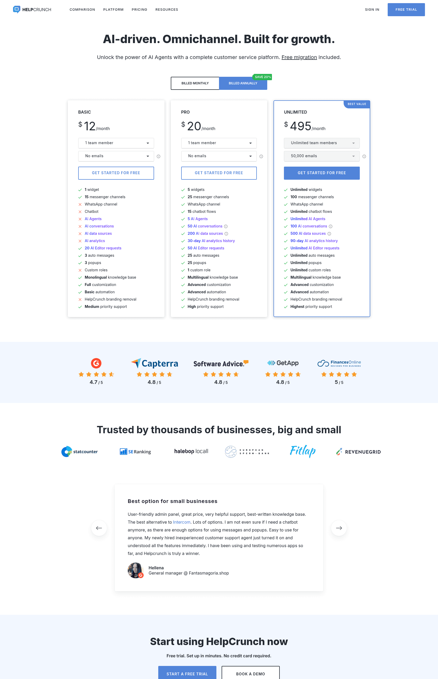 Die HelpCrunch-Preisseite mit den Plan-Karten für Basic, Pro und Unlimited, entnommen aus HelpCrunch