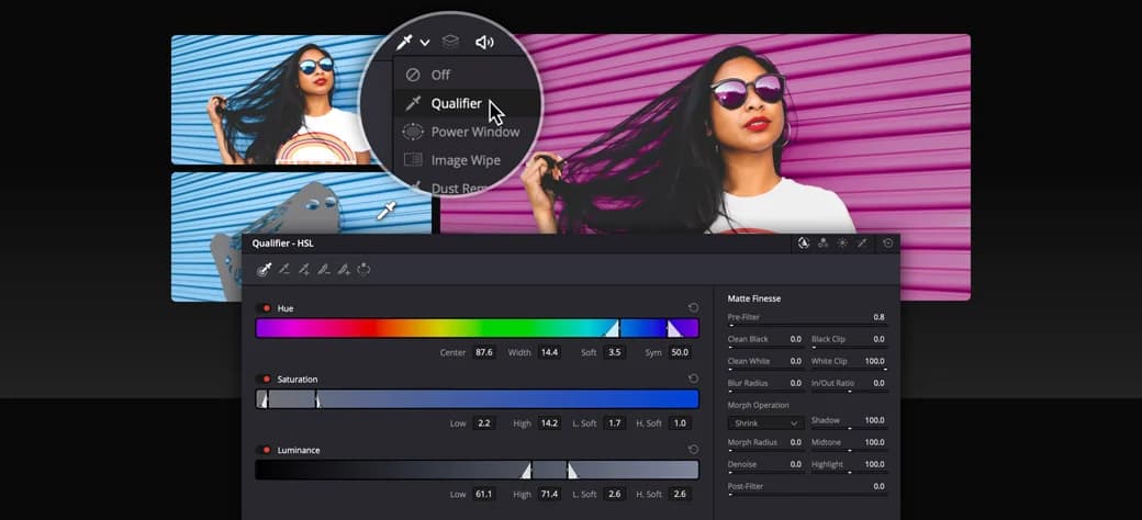DaVinci Resolve Arbeitsbereich für Color Grading mit Node-basierter Farbkorrektur, entnommen von Blackmagic Design