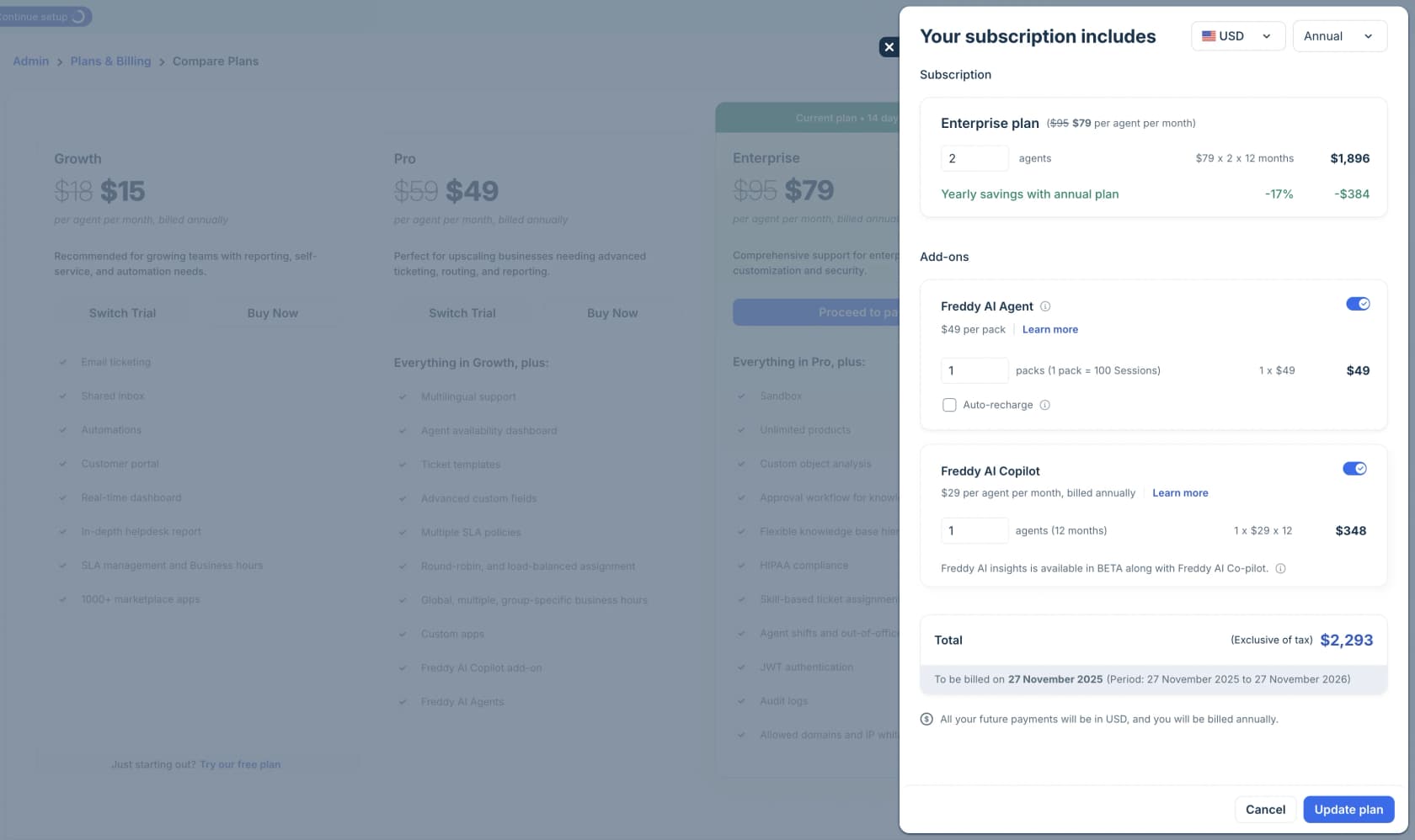 Freddy AI AgentとFreddy AI Copilotアドオンを有効化するManage Subscriptions画面、Freshdeskサポートより