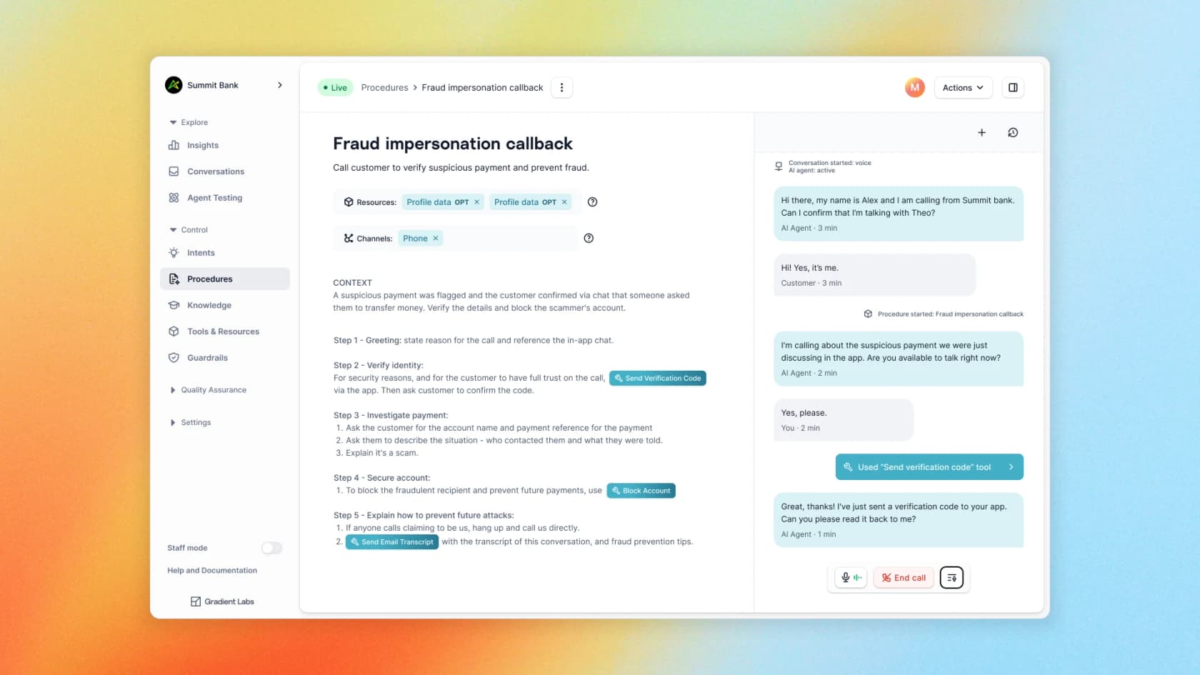 Gradient Labs' procedure builder and live call view, as shown in its OpenAI case study