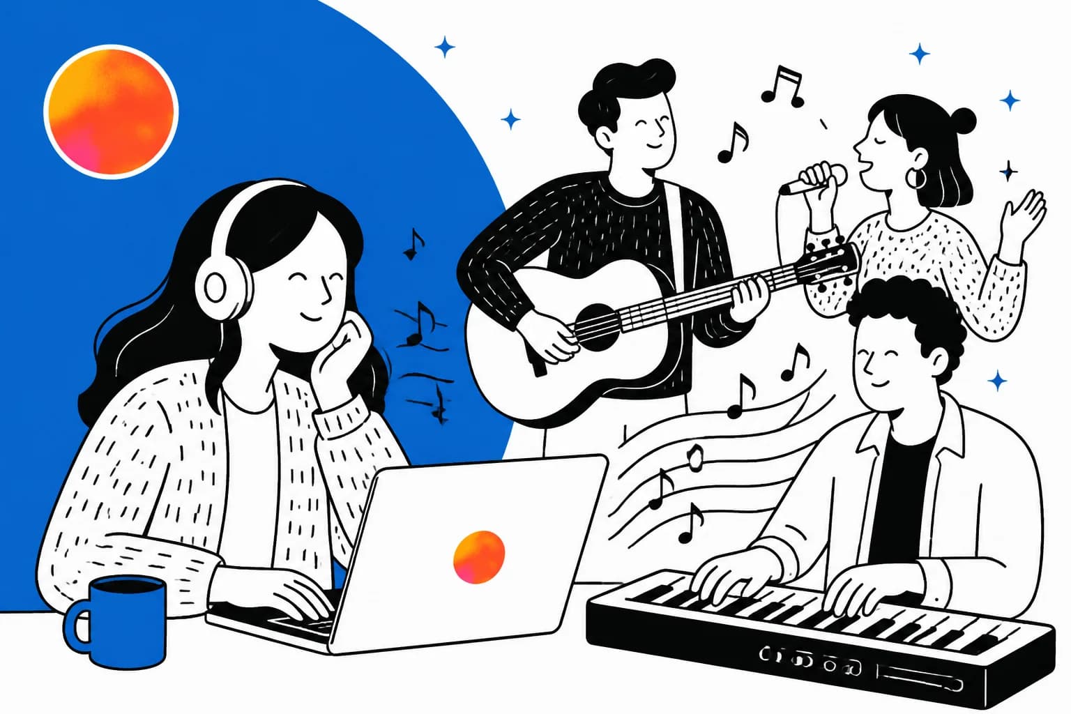 SunoのAI音楽アプリを描いたエディトリアルイラスト、ヒーローバナー
