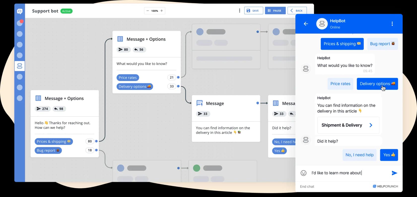 HelpCrunch support bot flow builder alongside the live chat widget serving a Shipment and Delivery article, as taken from HelpCrunch