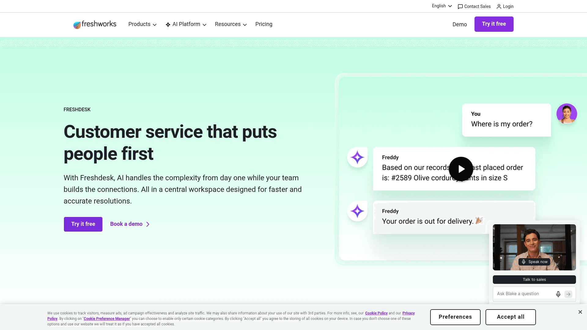 The Freshdesk product page from Freshworks, showing its AI-boosted ticketing